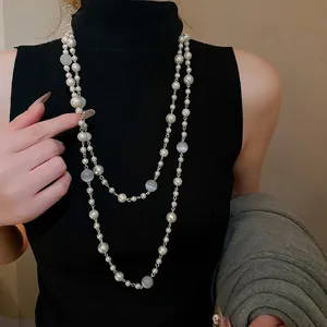 Collier Double Couche Style Palais Français Vintage Avec Künstliche Perles De Résine Et Pierre Oeil De Chat Longue Chaîne Alliage