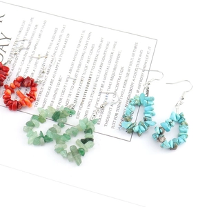 Three pairs of heart-shaped natural stone bead drop earrings in multi-color boho style