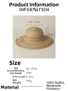 Size specifications for raffia sun hat with 9.5cm wide brim and 54-57cm circumference