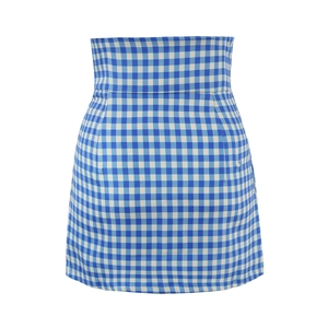 Retro blue and white gingham high-waist A-line mini skirt with wide waistband