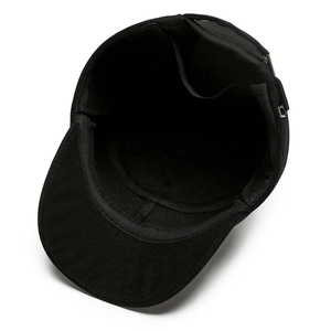 Men's winter flat cap in black with ear flaps and warm lining, internal structure view
