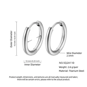 Silver titanium steel hoop earrings with 15mm outer diameter and 2.5mm thickness