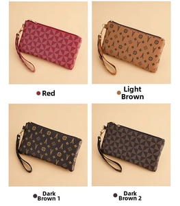 Detail of four retro clutch bags featuring classic patterns with gold zippers and wrist straps