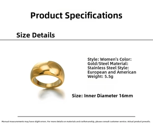 Detailed size chart for the gold-plated stainless steel dome ring with a 16mm inner diameter