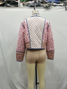 Detailed back view of a reversible paisley quilted jacket with bohemian floral prints