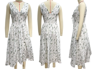 Detail of white V-neck floral maxi dress featuring green print and slim fit waist