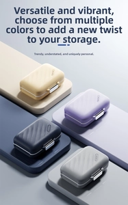 Macro detail of portable mini pill organizers in four colors with secure metal clasp