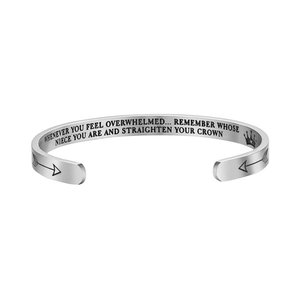 Silver stainless steel open arrow bracelet with engraved inspirational quote for niece