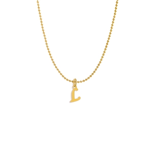Detail shot of a polished golden stainless steel bead chain with letter L pendant