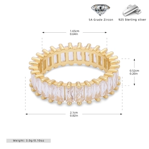Detailed dimensions of 925 sterling silver ring with 5A zircon inlay and gold plating