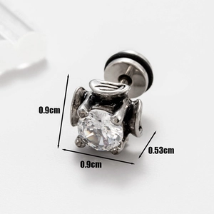 Detail view of retro stainless steel stud earring with cubic zirconia and dimensions