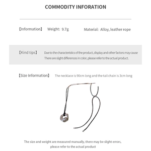 Irregular silver pendant necklace specifications showing 90cm black cord and 9.7g weight