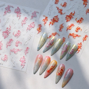 3D Embossed Nail Art Stickers Gold Foil Bronzing Koi Fish Transparent Self Adhesive Manicure Decoration For Women