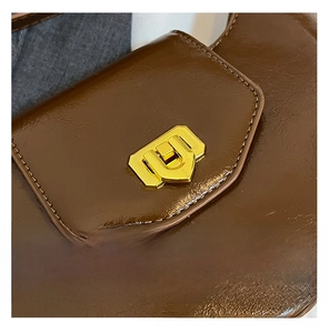 Macro shot of brown glossy leather bag showing golden metal buckle and fine stitching details