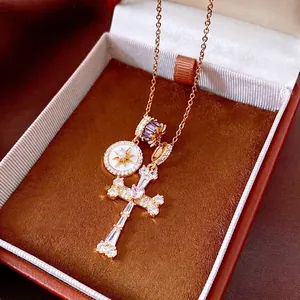 Collana Con Pendente A Croce In Rame Placcato Oro 18K Multi Zircone Madreperla Starburst Gioielli Da Donna Catena
