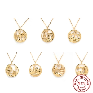 925 Sterling Silver City Landmark Round Pendant Necklace For Women Gold Plated Zirconia Inlaid Paris London Sydney Jewelry