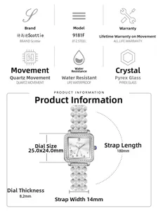 Detail view of square women watch specifications with full diamond stainless steel band