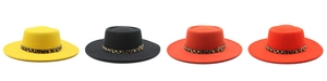 Chapeaux fedora en laine en quatre couleurs avec ruban léopard et boucle dorée