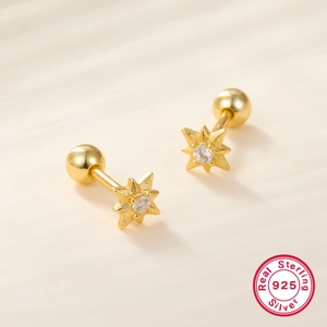 Elegant 925 sterling silver gold star stud earrings with zircon and screw back