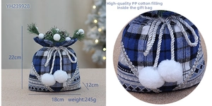 Blue fabric Christmas elk gift bag with pine needle details and size dimensions 18x12x22cm