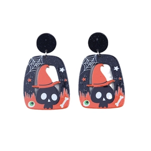 Halloween 2024 acrylic earrings with black skeleton wizard hat and orange pumpkin accents