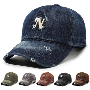 Vintage Denim Baseball Cap Distressed Worn Cotton Hat With Embroidered N Letter Retro Sun Protection Adjustable For Men Women