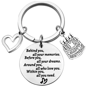 Silver stainless steel birthday keychain with heart charm and engraved inspirational message