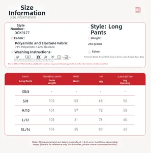 Detailed size chart for yoga leggings with measurements and washing instructions
