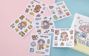 Detailed view of 6-sheet cute cartoon sticker set featuring bears, bunnies, and astronauts