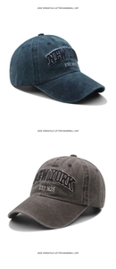Close-up of vintage washed cotton baseball caps featuring New York 1625 3D embroidery