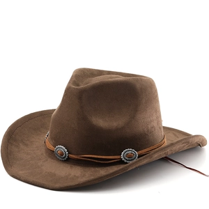 Chapeau De Cowboy Western Daim Large Bord Relevé Boucles Métalliques Ethniques Bande Décorative Fedora Extérieur Unisexe