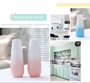 Detail of pink and blue gradient ceramic vase with vertical water ripple texture