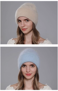 Detail of plush angora rabbit hair knit beanie in beige and light blue colors
