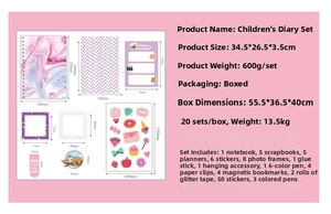 Detailed size specifications for pink DIY journal set with notebook and stationery items