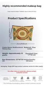 Detailed specs for the bohemian linen makeup bag with vintage pattern and metal zipper