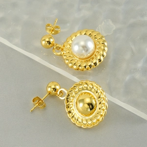 Minimalist stainless steel sunflower pearl earrings with golden rope texture for women
