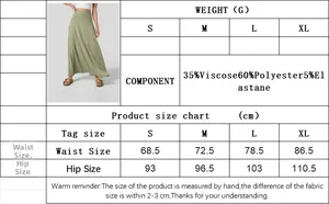 Size chart and material specs for high-waist knit maxi skirt in viscose and polyester