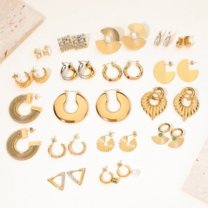 Grid layout showing various gold and silver hoop earrings with zircon and pearl details