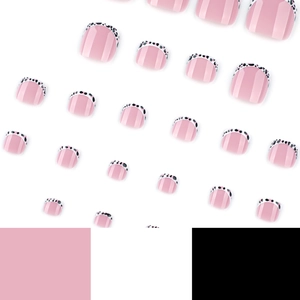 Faux ongles d'orteils imprimé vache française sur base rose et fond blanc épuré