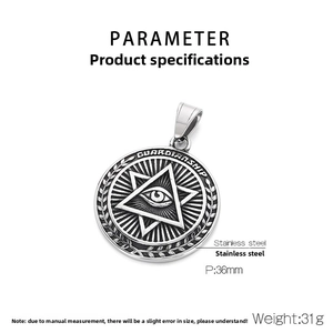 Macro detail of a 36mm stainless steel punk medallion featuring the eye of providence