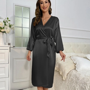Elegant black satin long-sleeved bathrobe with a V-neck and a matching waist-tie belt
