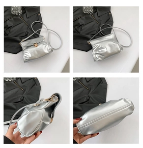 Detailed views of the silver metallic shoulder bag from front, back, side and bottom angles