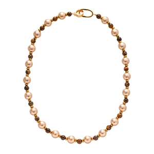 Maillard style tiger eye stone and faux pearl necklace with gold-plated clasp and spacers