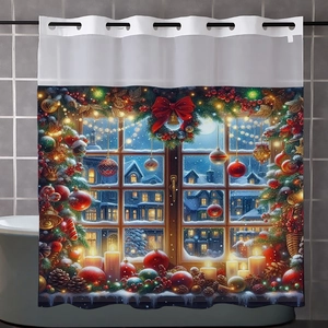 Christmas shower curtain featuring a snowy window view with candles and pine cones decoration
