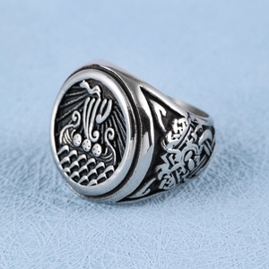 Vintage silver Viking nautical seal ring featuring detailed ship and wave engravings