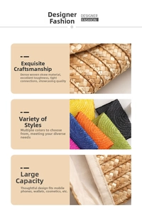 Detail of woven straw clutch with various vibrant colors and soft inner lining