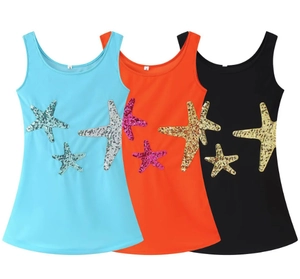 Detailed view of kids' sleeveless tanks with colorful sequined starfish in blue and orange
