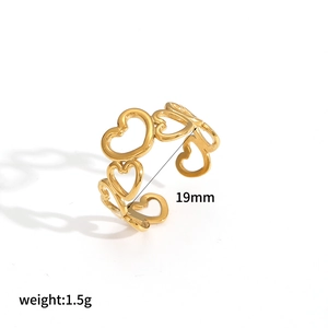 Detail view of 18K gold plated hollow heart ring with 19mm diameter and 1.5g weight