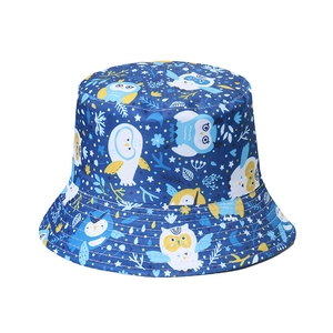 Dark blue cotton bucket hat featuring cute cartoon owl and star prints for sun protection