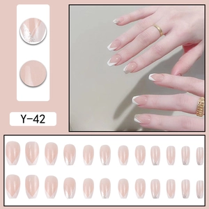 Pink French V-shape press on nails with white tips and silver glitter lines 24pcs set